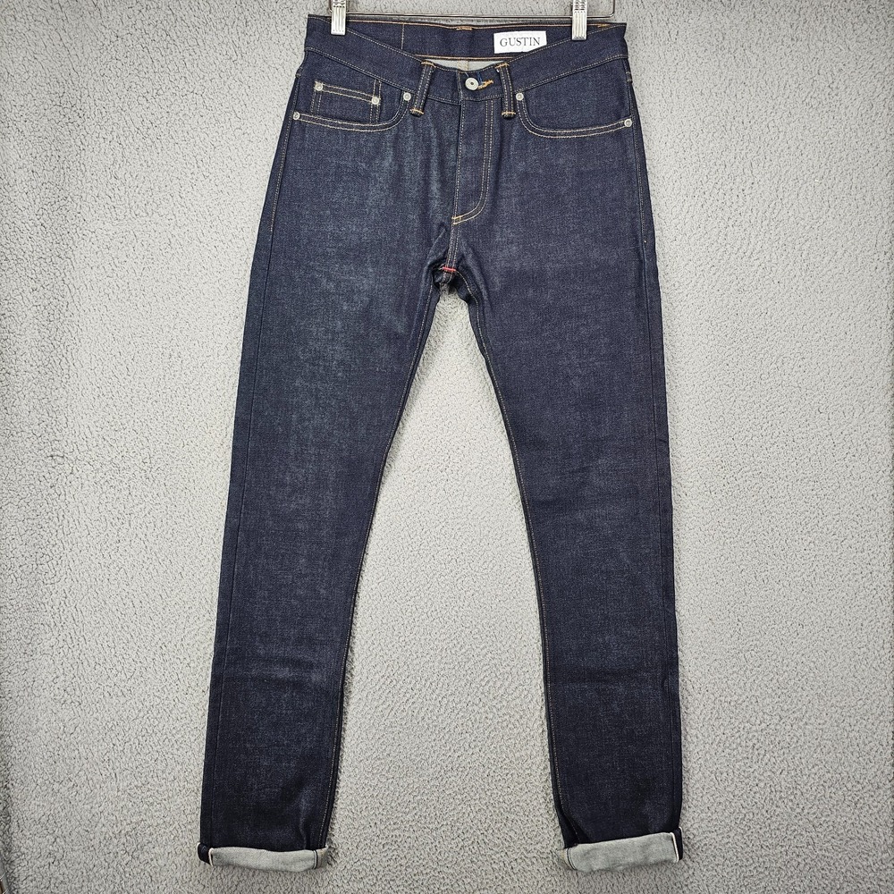 Gustin‎ Selvedge Jeans Mens 31x34 Blue Dark Wash Denim Skinny Button Fly USA